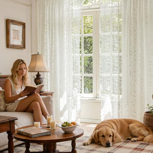 Rinwoc Ivory Lace Semi-Sheer Curtains 2 Panels – Vintage Leaves Pattern Lace for Bedroom/Kitchen, Rustic Privacy Light Filtering Rod Pocket Window Treatments Drapes, Elegant Chic, 52W x 45L Inch