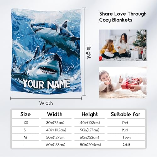 Custom Shark Blanket with Name - 60x80 Inches Cute Throw Blanket for Boys - Blue Soft Fuzzy Blankets for Bed, Couch & Living Room