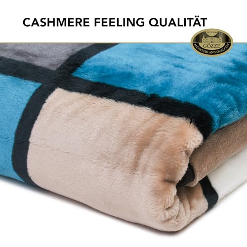Gözze - Weiche Kuscheldecke, Cashmere Feeling, Hohes Stoffgewicht 500 g/m², Antigua, 150 x 200 cm - Aqua/Taupe/Petrol