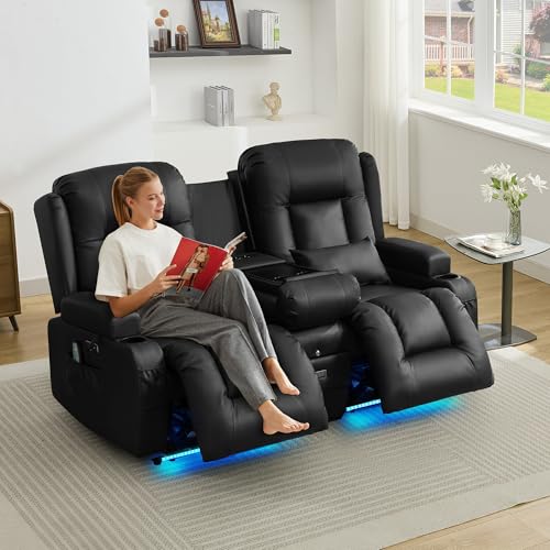 LIFTSHA Zweisitzer Relaxsessel mit Liegefunktion, Fernsehsessel Elektrisch Verstellbar mit Heizung & Vibrierende Massage, TV Sessel Heimkino Sitze mit Multimedia Mittelkonsole, Kunstleder, Schwarz – Bild 3