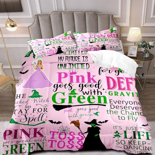 OLEBETY 3 Pieces Wicked Witch Comforter Set Queen Size Magic Bedding Set Green and Pink Quilt Halloween Witch Hat Magical Witchy Bedroom Decor Wicked Witchy Gifts for Women & Girls 2 Pillowcases