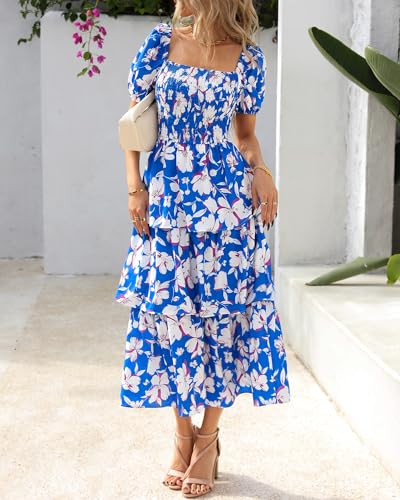 Image of BTFBM Womens Floral Smocked Summer Maxi Dresses | Square Neck Puff Short Sleeve Ruffle Tiered, 2026 Trendy Casual Sundress, Cruise Holiday Beach Vacation Wedding Guest Dress