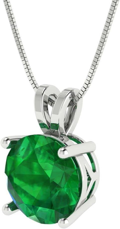 Clara Pucci 14K White Gold Plated Solitaire 16" Box-Chain Necklace - Sterling Silver 3ct Round Cut Emerald Pendant - Image 2
