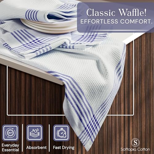 Image of Waffle White & Indigo Blue Kitchen Towels 12 Pack, 100% Cotton, 16x26 inches, Premium Dish Towel, Long Lasting Bar Mop Cloths, Perfect for Drying Dishes, Cooking and Cleanup