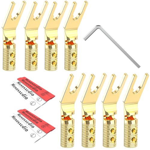 Monosaudio Conector de horquilla para altavoz, 8 unidades, conector plano en Y, bloqueo de rosca, cobre puro, terminales de cable dorados con llave Allen, conector de pala para cables de altavoces de