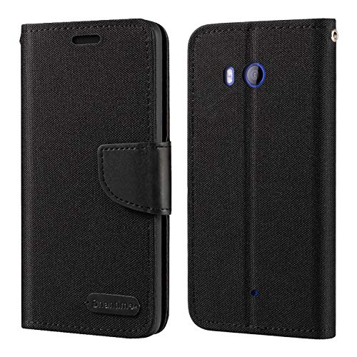 Funda Tipo Cartera de Tela Oxford y Cuero PU Compatible con HTC U11, Protección Resistente con Ranuras para Tarjetas y Cierre Magnético (Negro)