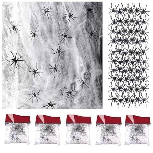Tian 5 packs Mirada Realista Telaraña con 50 Arañas para Halloween Decoracion Terror(Blanco)