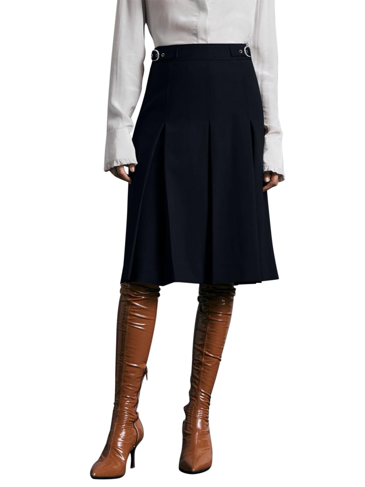 REORIA Damen Knielanger Rock Dicker Faltenrock Hohe Taille Midi Rock Elegant Volltonfarben Röcke