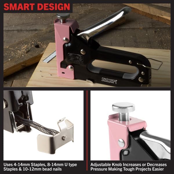 Miniatura 5 de Stalwart - Grapadora ligera para tejidos, manualidades, cartón y tablones de anuncios, 600 grapas y estuche de transporte incluidos (rosa)