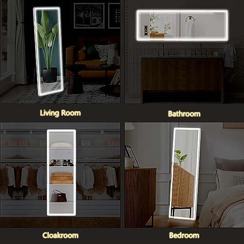 Sweetcrispy 64"x21" Full Length Standing Mirror with LED Lights, Lighted Floor Mirror with Stand, Aluminum Alloy Thin Frame, White