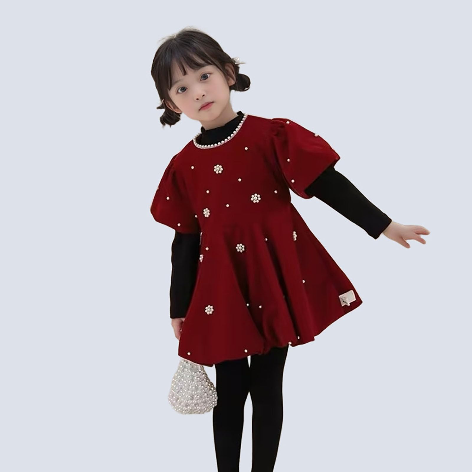 Generisch Elegante abito da festa rosso con perle a maniche lunghe per vacanze invernali, occasioni formali, eventi speciali, ragazze da due a dieci anni