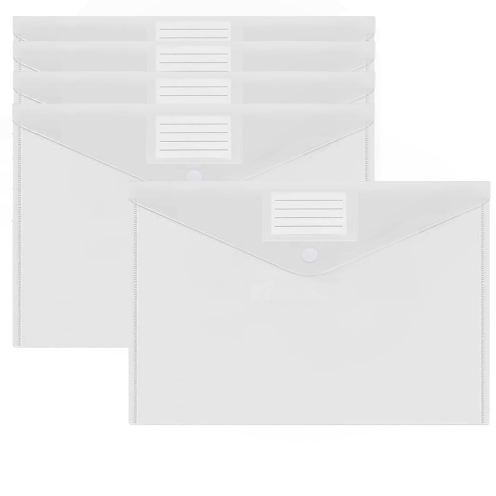 Paquete de 30 carteras de plástico A4 con cierre de botón y bolsillo para etiquetas, carpetas transparentes para documentos de oficina
