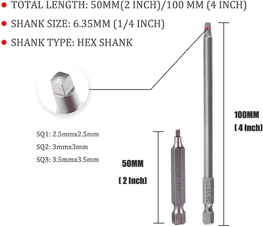 Magnetic Square Head Screwdriver Bits Set with 1/4 Inch Hex Shank, 6 PCS Square Screwdriver Drill Bit Set-SQ1/SQ2/SQ3-2 Inch/4 Inch