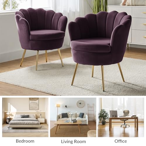 Image of HULALA HOME Modern Velvet Accent Chair with Shell Shaped Back, Cute Living Room Bedroom Armchair Sofa Chair with Gold Legs, Comfy Upholstered Vanity Chair for Makeup Room, Purple