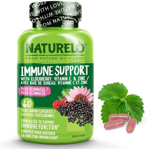NATURELO Immune Support – Vitamin C, Elderberry, Zinc, Echinacea – Natural Immunity Boost w/Antioxidant, Herbal & Mineral Defense - 60 Vegan Capsules