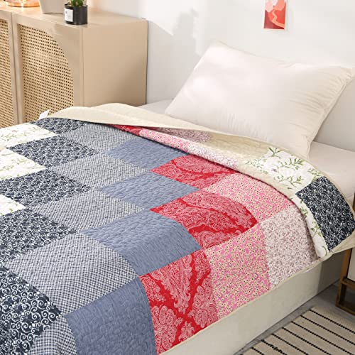 Quilted Throw Blanket For Bed Couch Sofa, European Gorgeous Floral (Blue Grid Pattern, Throw Blanket) #TOP3