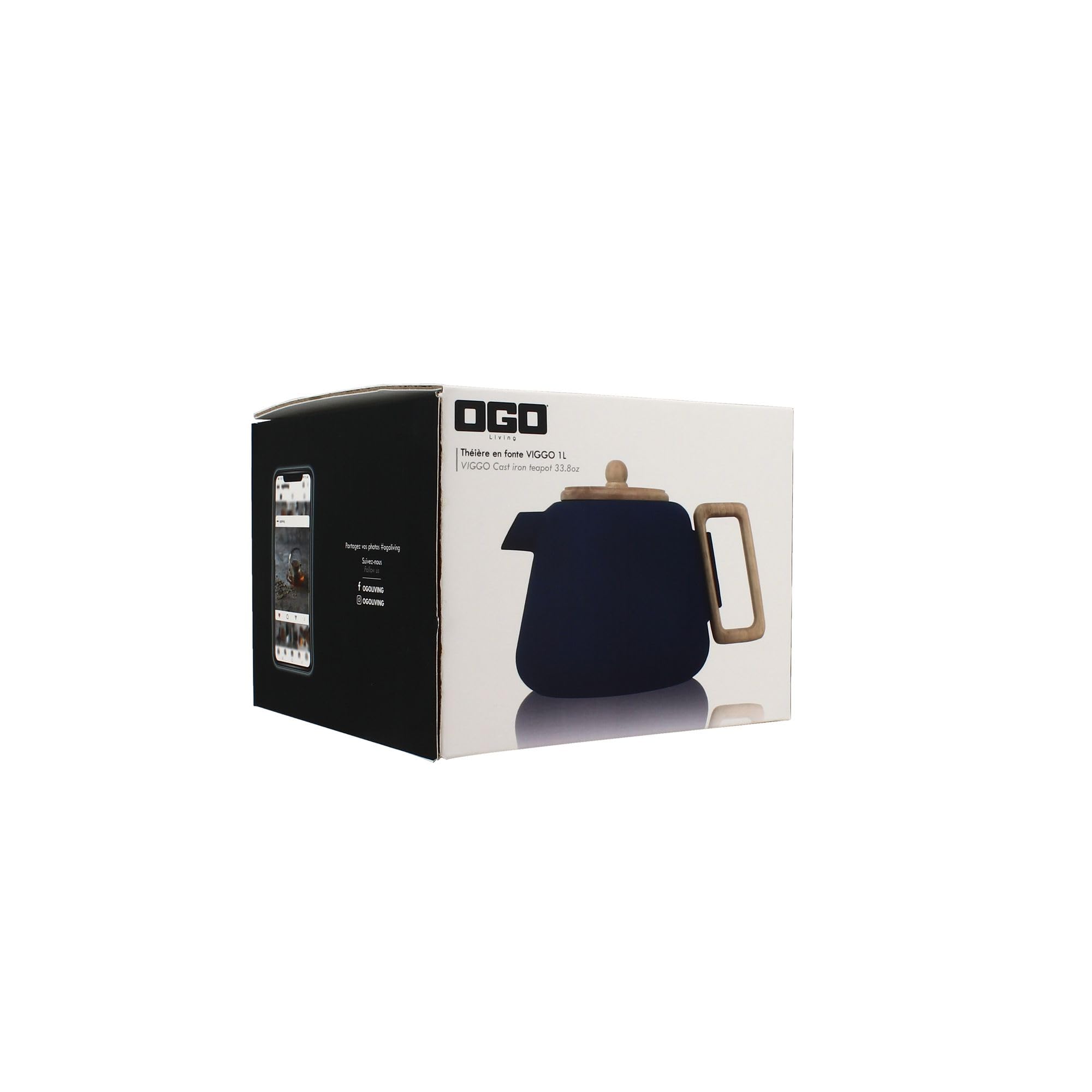 OGO LIVING - Tetera de hierro fundido Viggo de 1000 ml, color azul, con colador de acero inoxidable, mango y tapa de madera, ideal para los amantes del té
