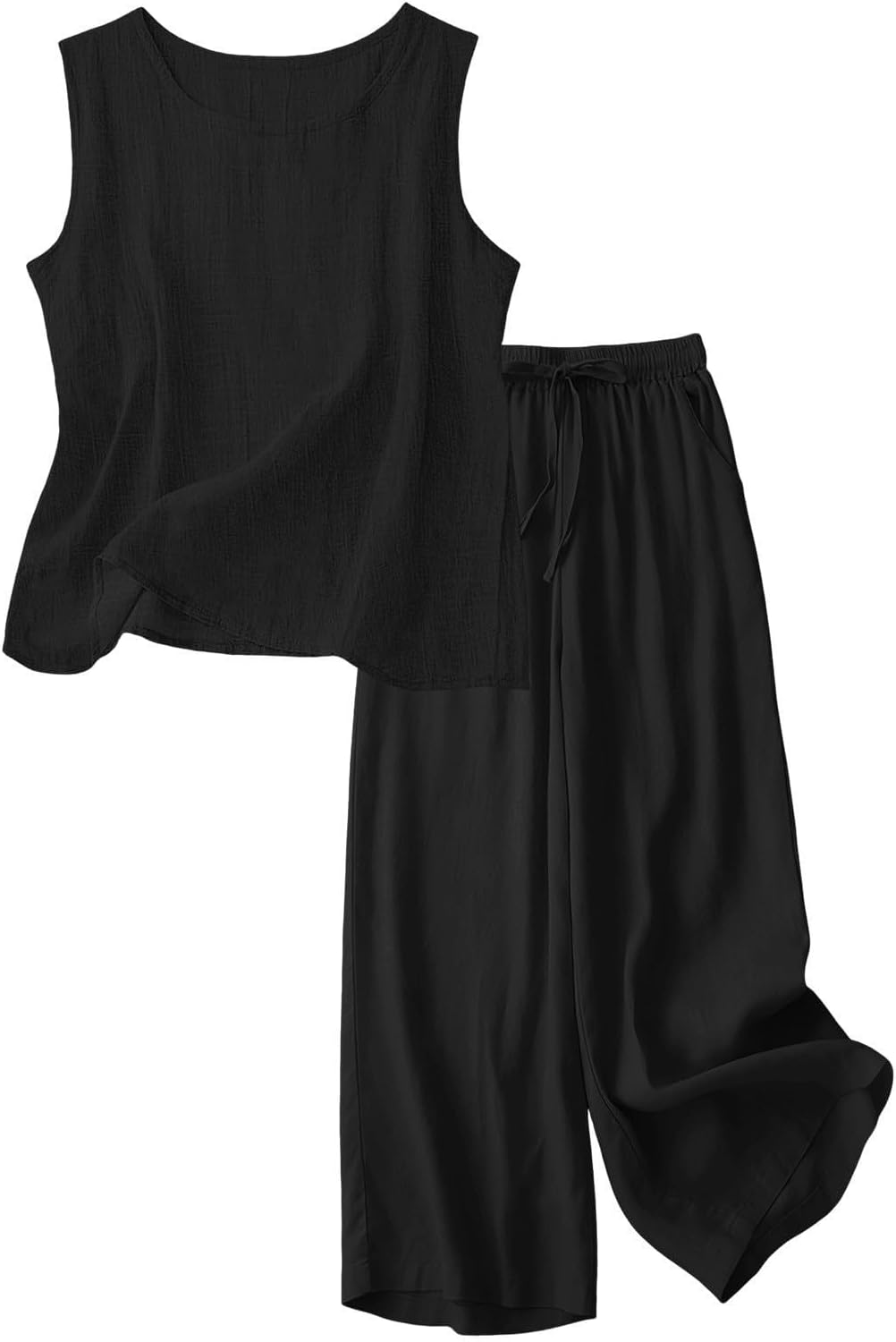 Linen Sets for Women 2 Piece Crewneck Sleeveless Tops Wide Leg Flowy Pants Summer Casual Lounge Sets Beach Outfits