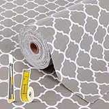 Drawer and Shelf Liner for Kitchen Cabinet: 12 in X 20 Ft Non Slip Waterproof Shelf Paper Non Adhesive Refrigerator Liners Gray Quatrefoil Easy Liners for Bathroom Cupboard with Knife Tape Measure