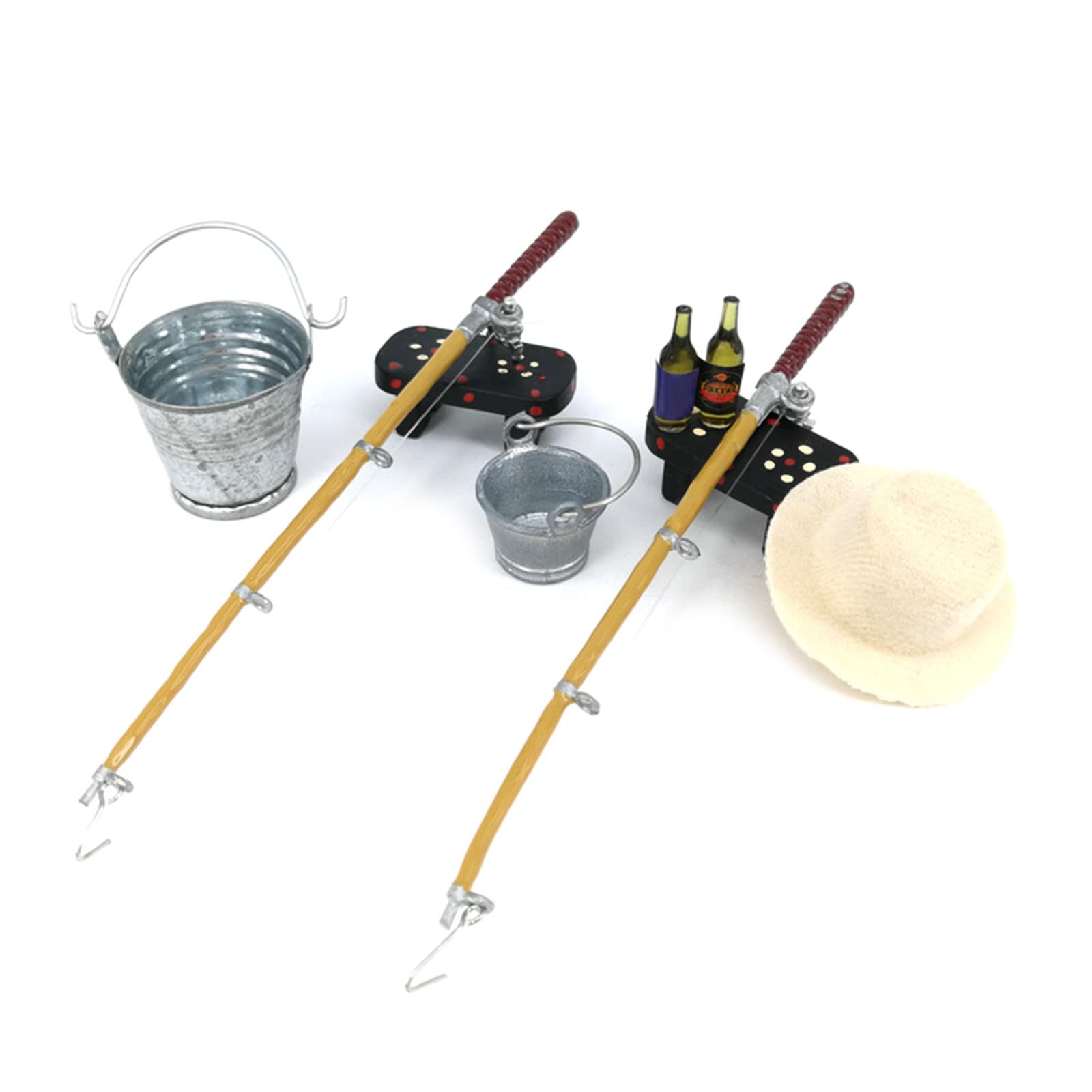 Maxtonser 1/12 Miniature Fishing Rod Hat Bucket Stool Model for Doll Life Scene for Doll House Decoration Accessories