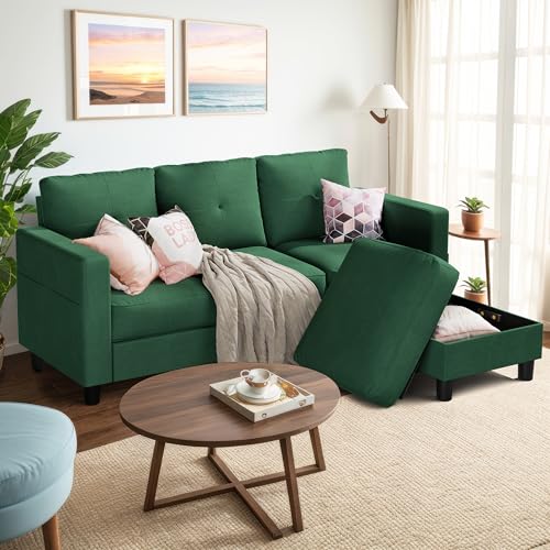 Image of Shintenchi 76" Modern Upholstered Sectional Sofa, L-Shaped Couch with Storage Ottoman and Reversible Chaise for Living Room, Green Linen Fabric