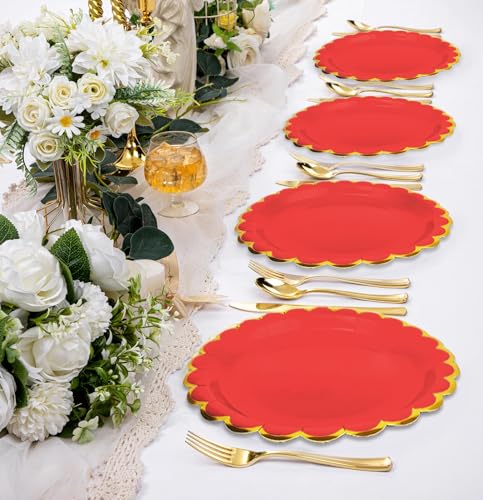 Image of HEIPINIUYE 50 Pieces Red Paper Plates with Gold Foil 7 Inch Disposable Red Scalloped Dinner Plates for Wedding Baby Shower Birthday Party Dessert Plate