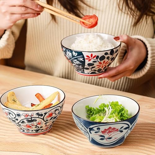 Image of YELONA Japanese Style Ceramic Bowls - 4.8 Inch (300ml), Set of 2 - Floral Design Rice /Noodle Bowls - Microwave & Dishwasher Safe, Ideal for Gifting Choice