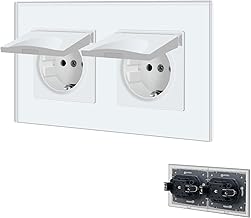 BSEED Double prise Schuko avec couvercle étanche, prise Schuko avec borne enfichable, prise encastrée avec plaque en verre cristal, prise murale 16 A, 157 mm, blanche