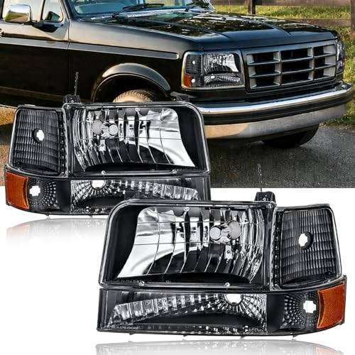 Image of Headlights for 92-96 Ford F150 F250 F350 Bronco 1992 1993 1994 1995 1996 Replacements Assembly Black Housing Amber Reflector