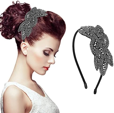 WLLHYF 1920s Headbands for Women Christmas Black Crystal Hairband Rhinestone Flapper Headpiece 20s Vintage Hair Valentines Accessory for Girls Costume Party (Grey)