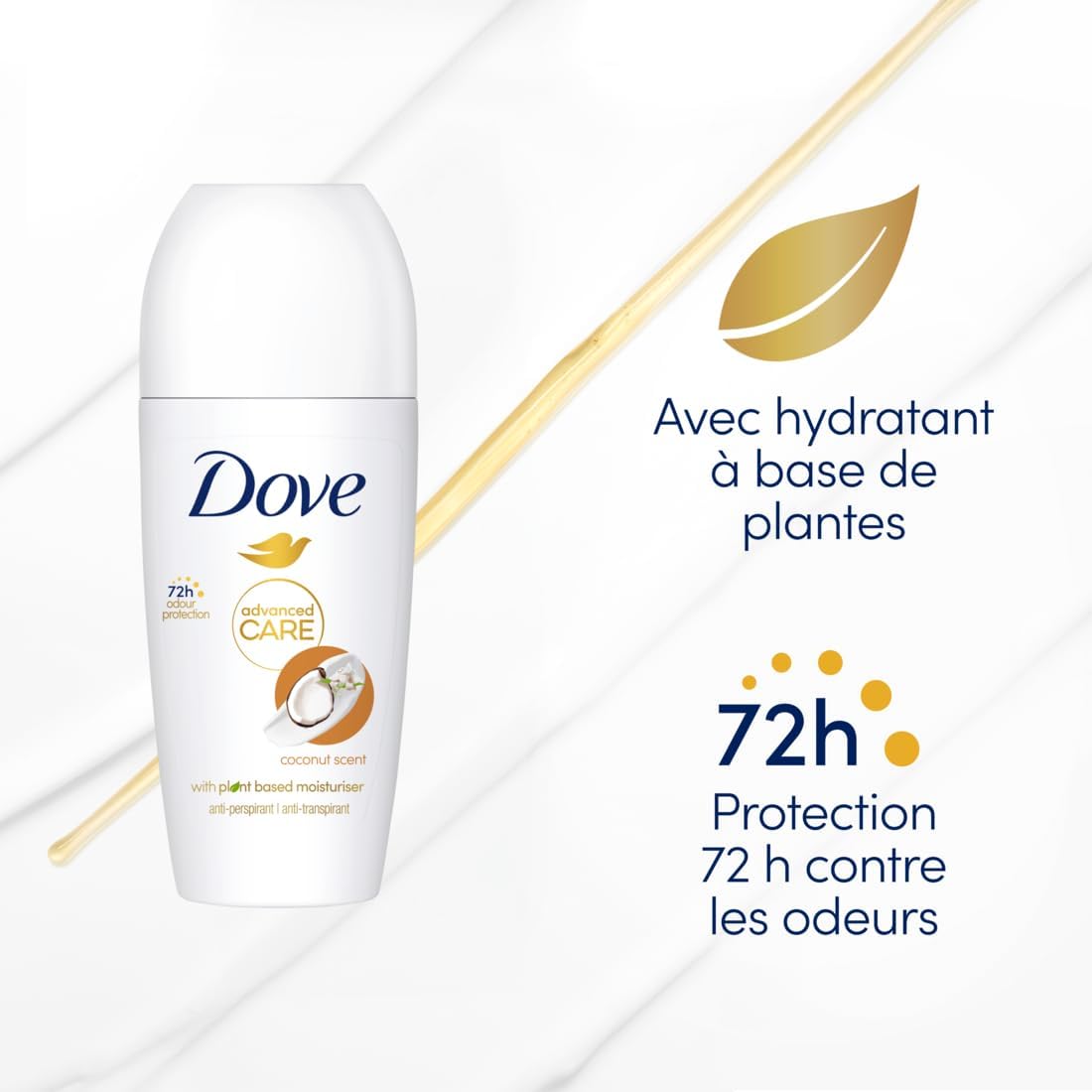 DOVE Déodorant Bille Anti-Transpirant Advanced Care - Noix de Coco - Soin quotidien des aisselles - 72h de protection contre la transpiration - lot de 6x50ml
