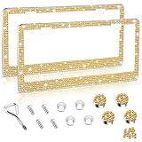 Amiss Bling License Plate Frame for Women, 2Pack Rhinestone Handcrafted Crystal Premium Stainless Steel, Stainless Steel Car Decorative Accessories with Diamond Sparkle Glitter Caps (Gold)