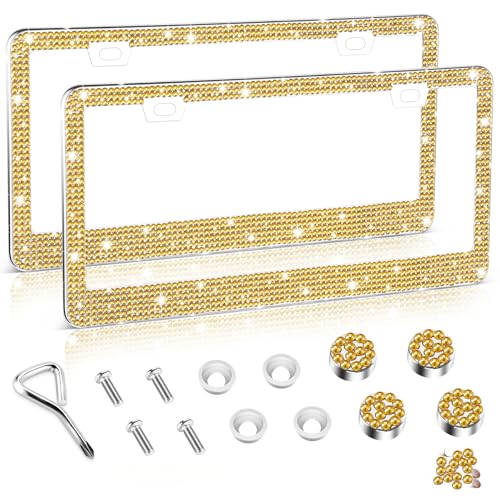 Amiss Bling License Plate Frame for Women, 2Pack Rhinestone Handcrafted Crystal Premium Stainless Steel, Stainless Steel Car Decorative Accessories with Diamond Sparkle Glitter Caps (Gold)