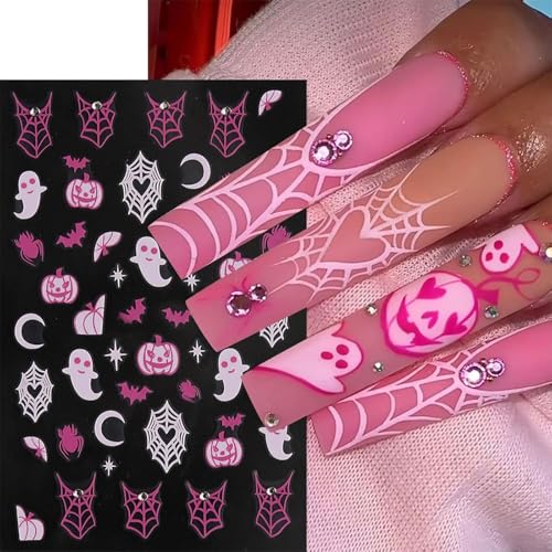 Muorruo 6 Piece Halloween Nail Stickers, 3D, Self-Adhesive, Pink and White, Ghost Nail Stickers, Fun Spider Web Nail Art Stickers with Rhinestones, Nail Design Accessories, Charms - Image 6
