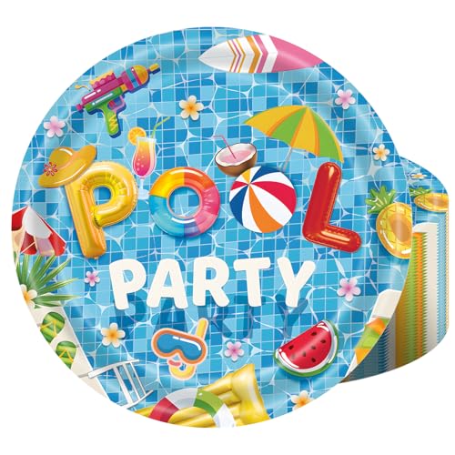 Herytem 40 Pcs Pool Party Paper Dessert Plates 7 Inch Summer Pool Party Disposable Plates with Tropical Beach Design for Kids Birthday Pool Party Hawaiian Luau Summer Party Supplies
