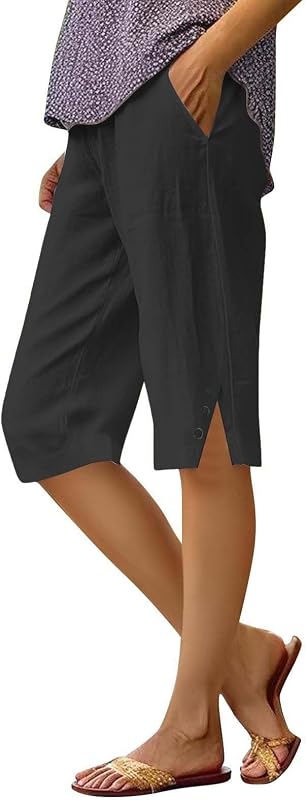 Women's Summer Linen Shorts, Lightweight Cotton High Waisted Elastic Bermuda Knee Curvy Shorts Elegant Loose Beach Shorts with Drawstring and Pockets for Sea Sport