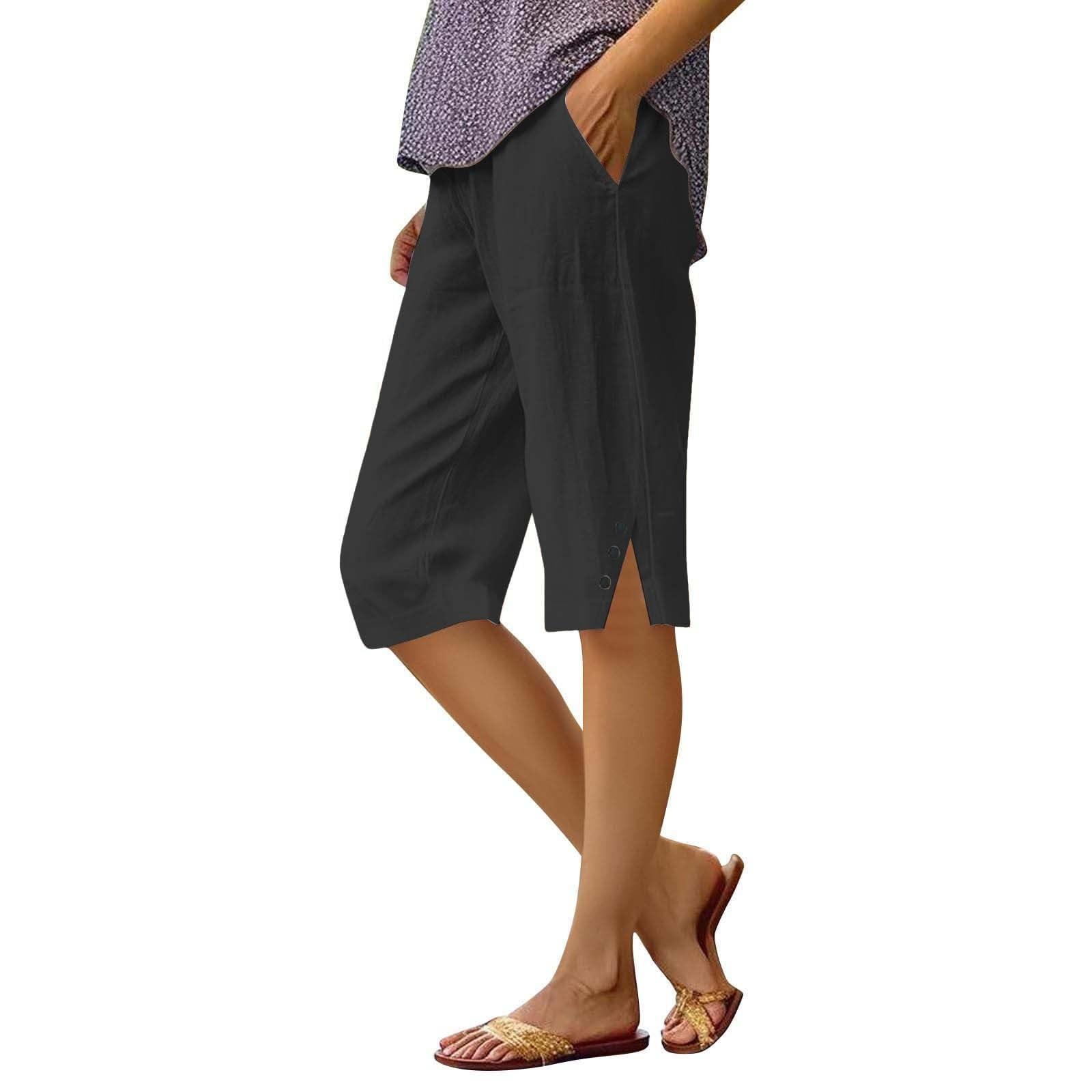 Women's Summer Linen Shorts, Lightweight Cotton High Waisted Elastic Bermuda Knee Curvy Shorts Elegant Loose Beach Shorts with Drawstring and Pockets for Sea Sport - 1