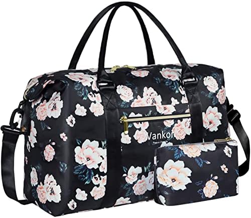 Large Duffle Bag for Travel Waterproof 21 Inch, Vankor Gym Duffel Bag for Women Men Durable Carry on Weekender Overnight Sports Luggage Weekend Beach Yoga Workout Hospital Mommy Bag Black Pink Floral