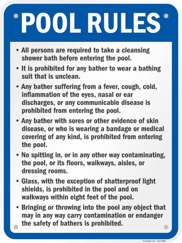 SmartSign 24 x 18 inch “Pool Rules - Shower Before Entering, No Spitting, No Running…” Official Massachusetts State Metal Sign, 80 mil Laminated Rustproof Aluminum, Blue, Black and White
