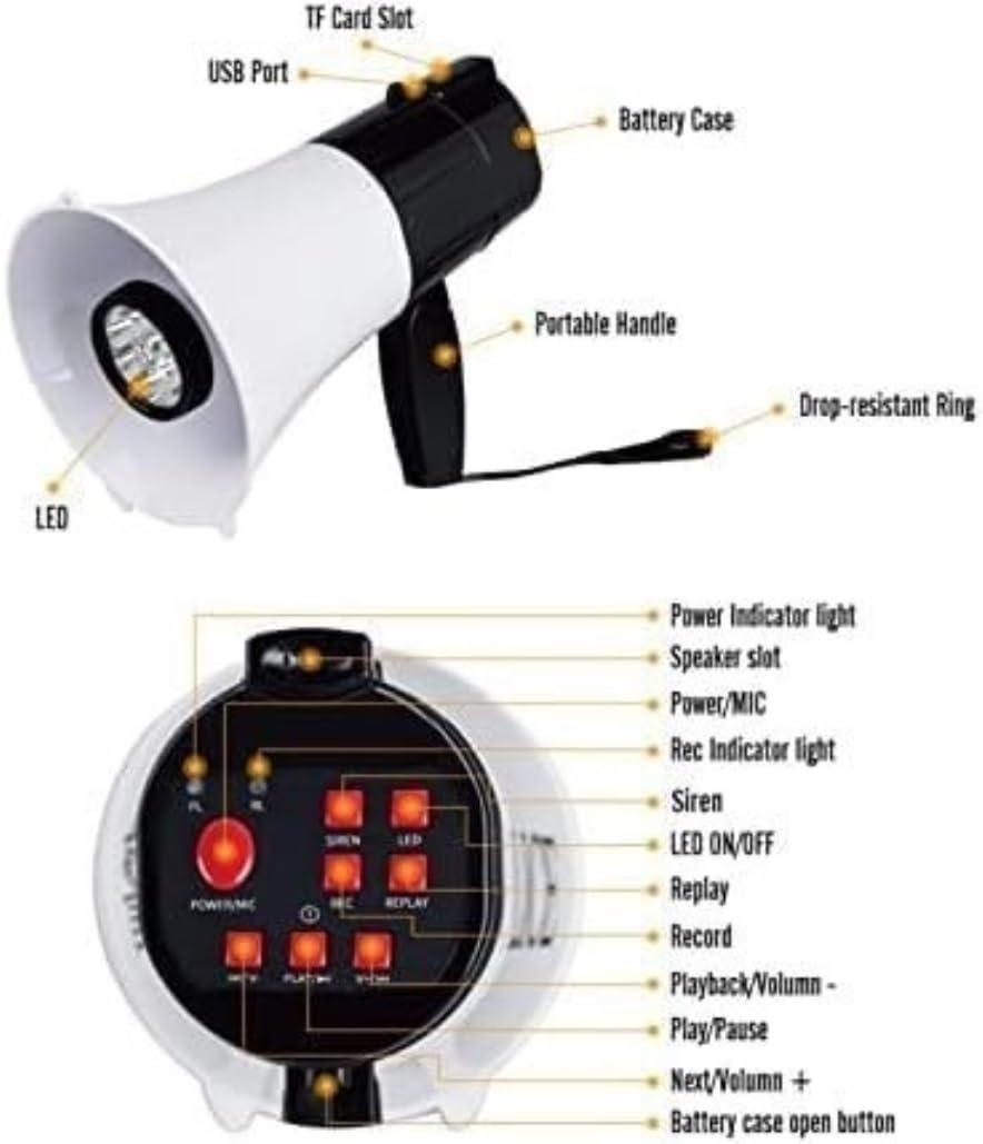 Interiores Exteriores Megáfono De Mano Bullhorn, Megáfonos Alta Potencia 30w, Altavoz Mp3 con Grabación Voz Y Luces Led per Eventi All’Aperto