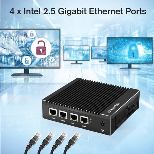 Sharevdi Firewall Micro Appliance, 4*In-tel i225 2.5Gbe NICs, In-tel Pentium N3700 4 Cores/4 Threads,SSD Dual HDMI/USB3.0/RS232 COM, AES NI, Kompatibel mit OPNsense (8 G 128 G/COM)