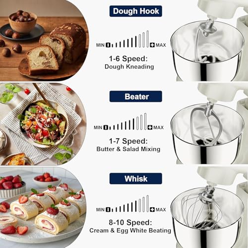 Image of Camic Stand Mixer, 4.2QT+5.3QT Two bowls Electric Food Mixer, 10 Speeds with Digital setting 3-IN-1 Kitchen Mixer for Baking Cakes Cookie Bread Salad with Egg Whisk,Dough Hook,Flat Beater (White)