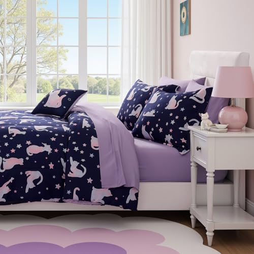 Full Size Comforter Set for Girls-4 Pieces Cat Patterns Full Bedding Set with 1 Comforter, 1 Decor Pillow &2 Pillow Shams