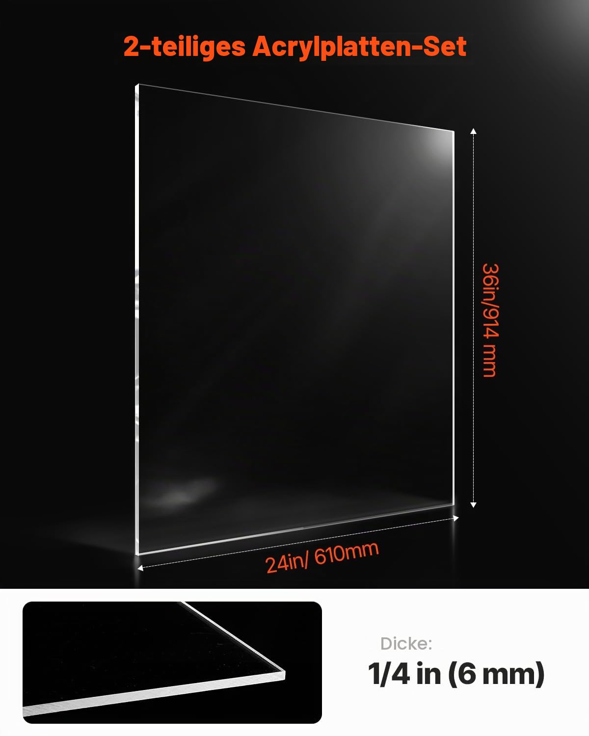 VEVOR Acrylplatte, 2er-Set Kunststoffplatten, 610x914 mm, 6 mm dick, transparente Kunststoffglasplatte für Bastelprojekte, Ersatzglas für Bilderrahmen, DIY-Display, leicht zu schneiden