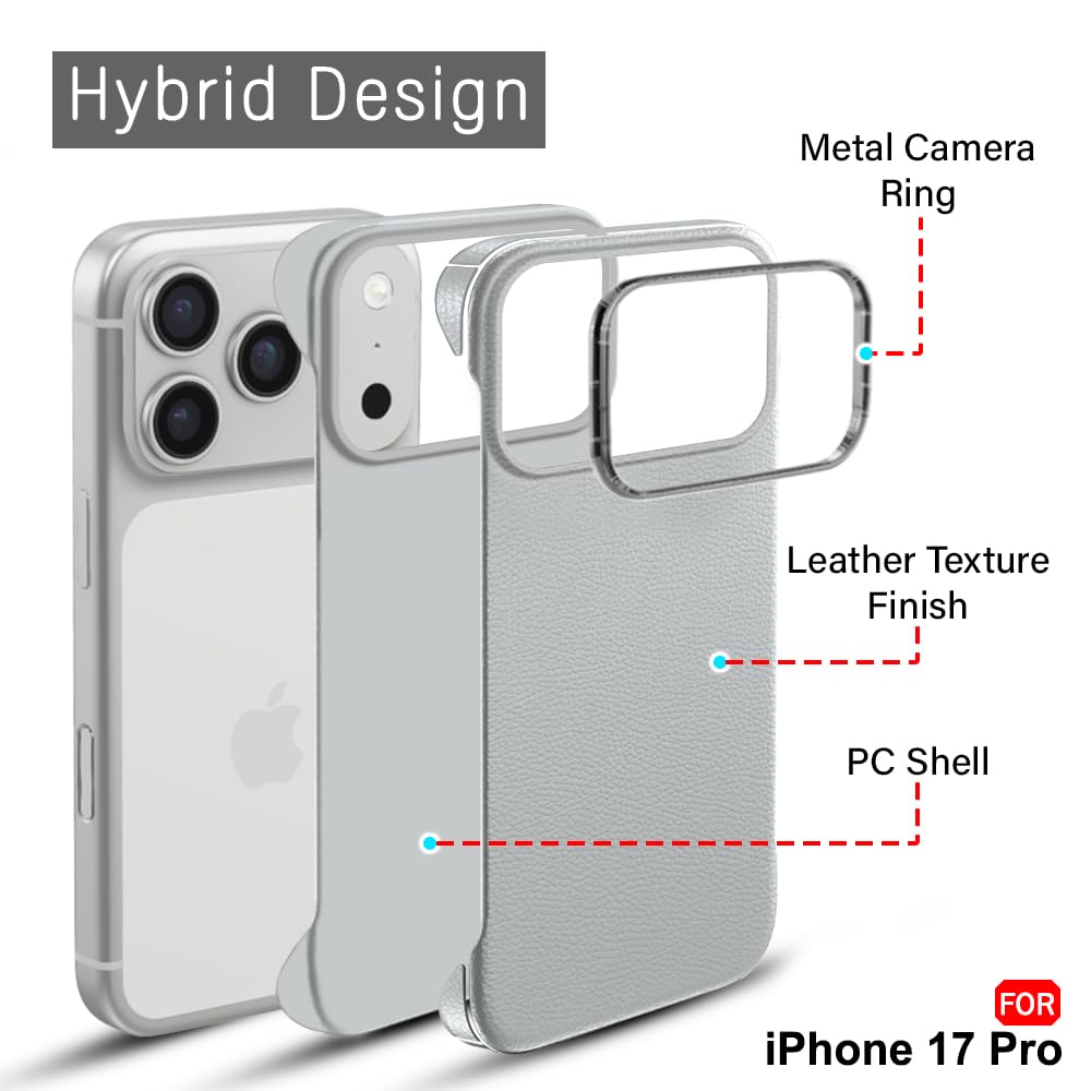 TheGiftKart Hybrid Ultimate Slim Back Case Cover for iPhone 17 Pro | Lightweight Profile | Hard Back Case Cover for iPhone 17 Pro (PC & TPU, Metal Camera Ring, Leather Texture Finish, Grey) — Amazon image 3