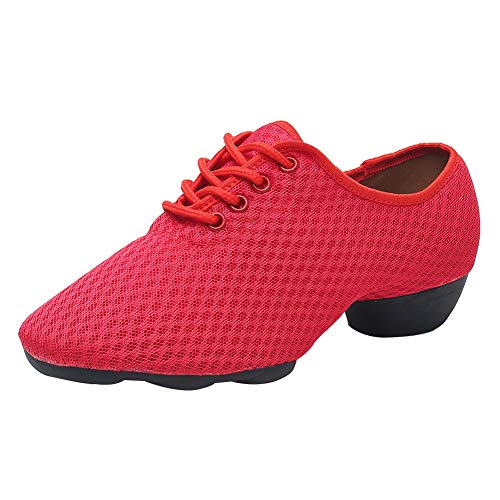 JUODVMP Women & Men Practice Ballroom Dance Shoes Adjustable Width Tie Up Closed Toe Standard Latin Teaching Performance Dance Shoes,Model MF-FZW-Red, 6 M