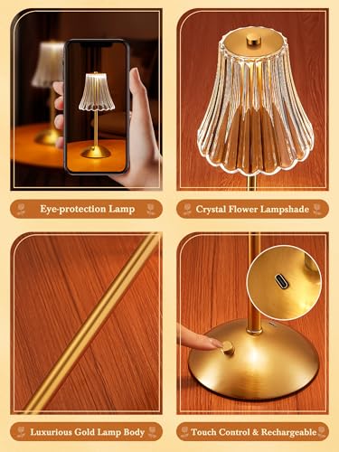 Image of One Fire Crystal Lamp Set of 2, 3 Colors Gold Lamps Mood Listing, Dimmable Bedroom Lamps Vintage Lamp,Rechargeable Nightstand Lamp, Table Lamp for Bedroom Living Room Bathroom Hotel Bar