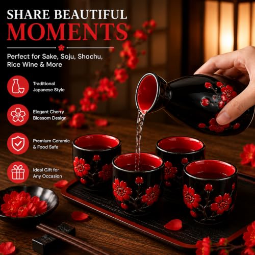Image of Melbify Japanese Sake Cherry Blossom Design Set | 1 Pc Sake Bottle(180 ml) & 4 Pc Sake Cup(45 ml) | Traditional Craftsmen's Hand Painted Design | Tokkuri Carafe & Cups | Ceramic Serving Gift Set