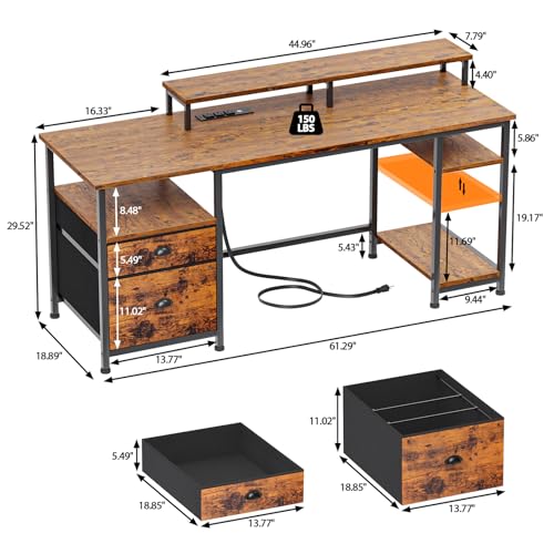 Furologee 61 Gaming and Study Desk with Power Outlet, LED Lights, and File Cabinet