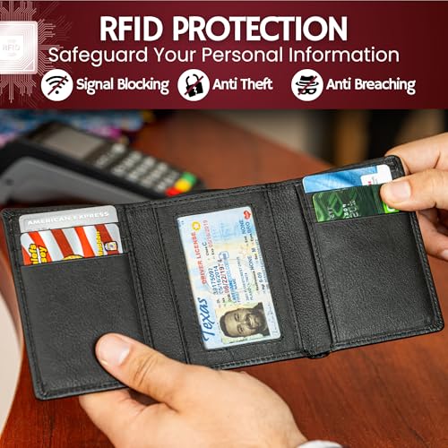 Image of BULL GUARD RFID Genuine Leather Trifold Wallets for Men ID Window, Secret Pocket, Mountain Black - Pebble Stone Black, 3.25 x 4.25 x 0.75 inches, Rfid Wallet